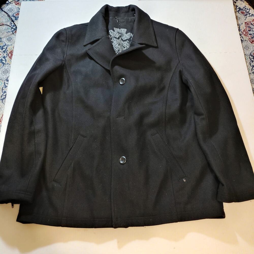 Black Rivet Mens XL Black Wool Blend Pea Coat Gothic Metal Art Graphic Lining
